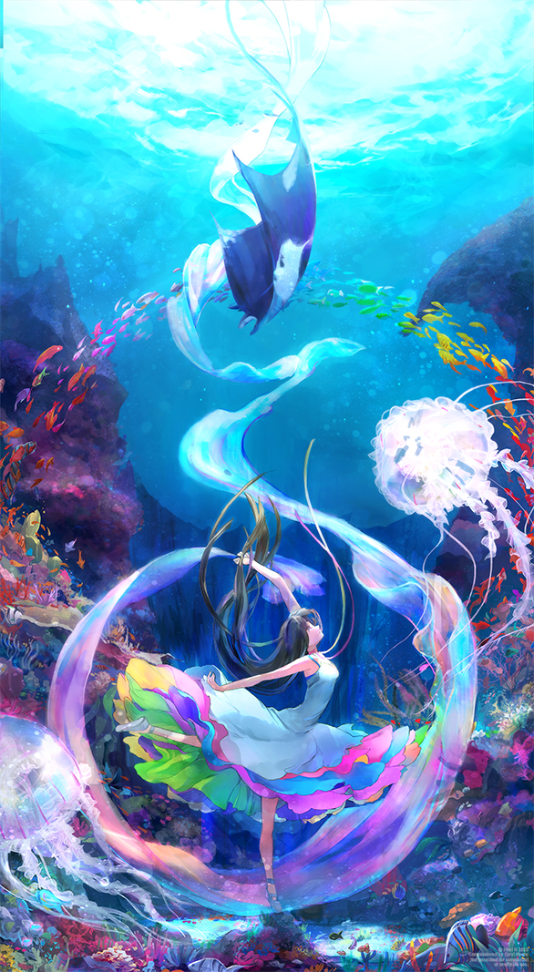 1girl, animal, arm_up, ballerina, ballet_slippers, bare_arms, blue, breasts