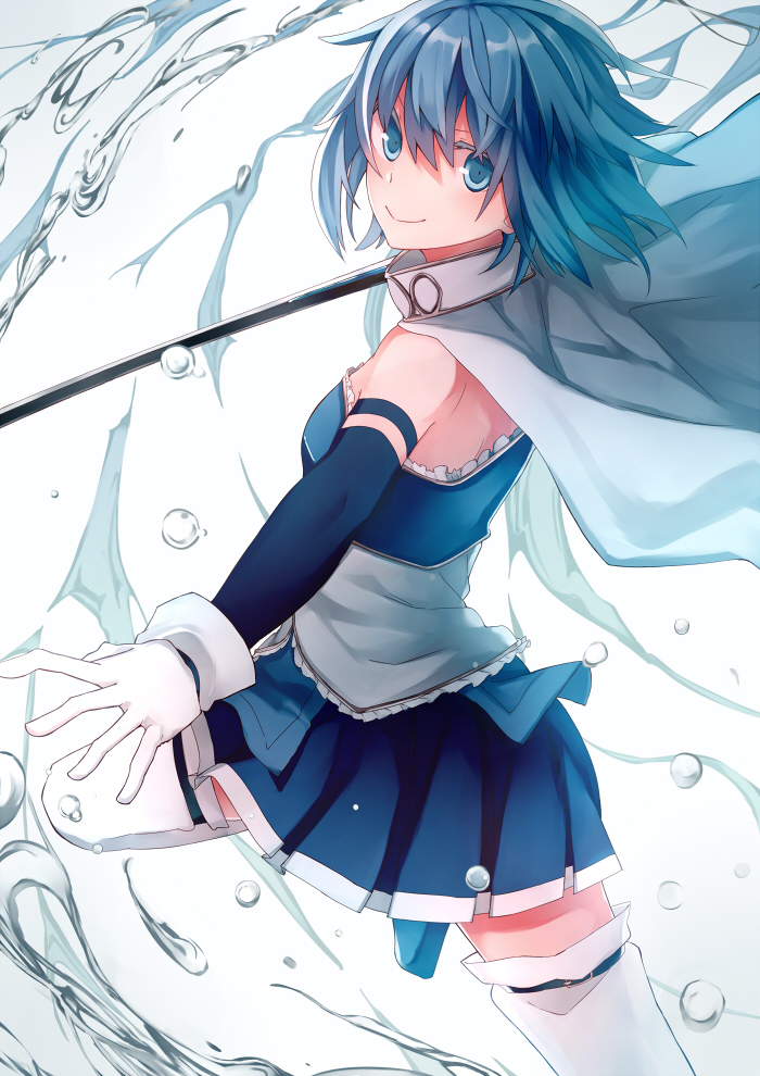 1girl, armband, blue_eyes, blue_hair, cape, gloves, magical_girl, mahou_shoujo_madoka_magica