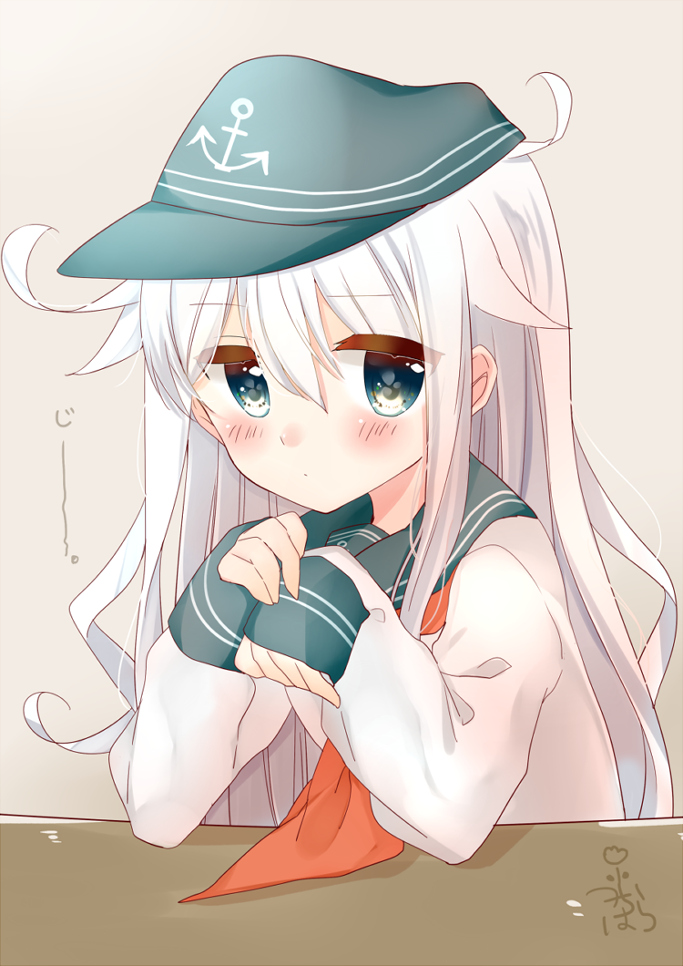1girl, anchor_symbol, blue_eyes, commentary_request, flat_cap, hat, hibiki_(kantai_collection), kantai_collection