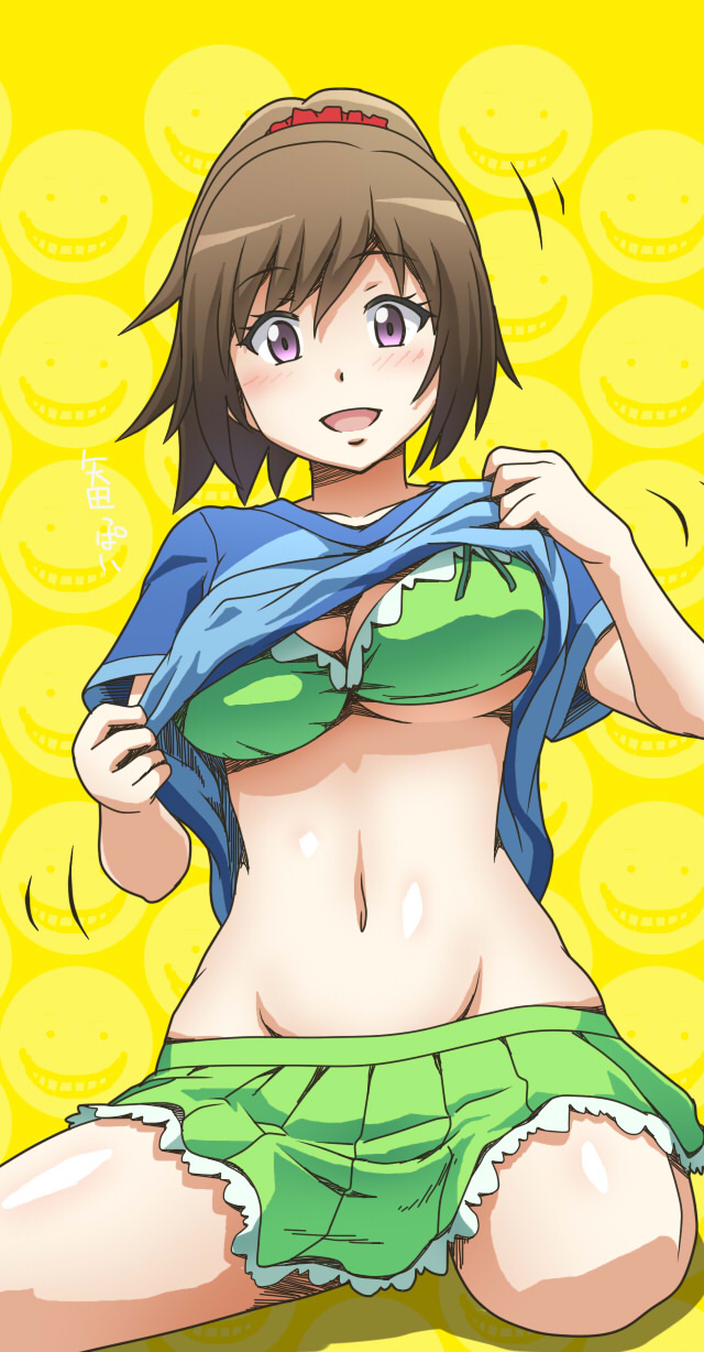 1girl, ansatsu_kyoushitsu, awa, bikini, bikini_under_clothes, blush, breasts, green_bikini