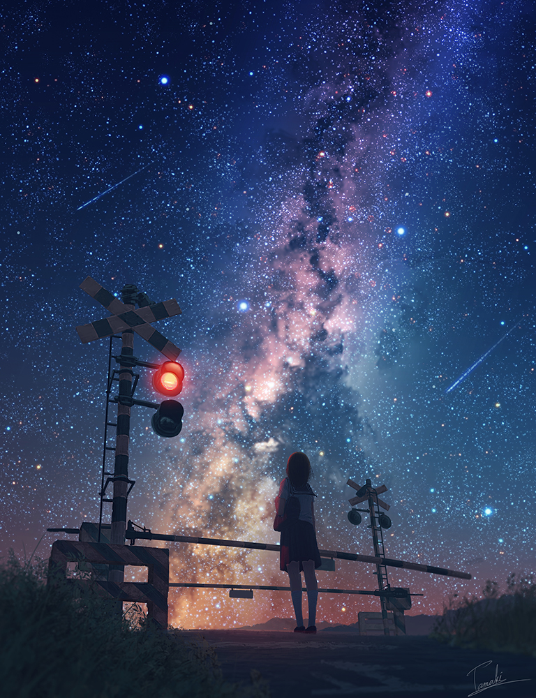 1girl, artist_name, bag, blue_skirt, brown_hair, clouds, from_behind, grass, kneehighs, long_hair, milky_way, night, night_sky, original, outdoors, pleated_skirt, railroad_crossing, rural, scenery, school_bag, school_uniform, serafuku, shirt, shoes, shooting_star, short_sleeves, signature, skirt, sky, solo, standing, star_(sky), starry_sky, ta_ma_ky, tamaki_(tamaki_illust), white_legwear, white_shirt