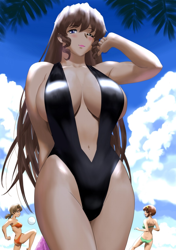 arisaka_kazuki, beach, bikini, blue_eyes, blush, breasts, brown_eyes, brown_hair
