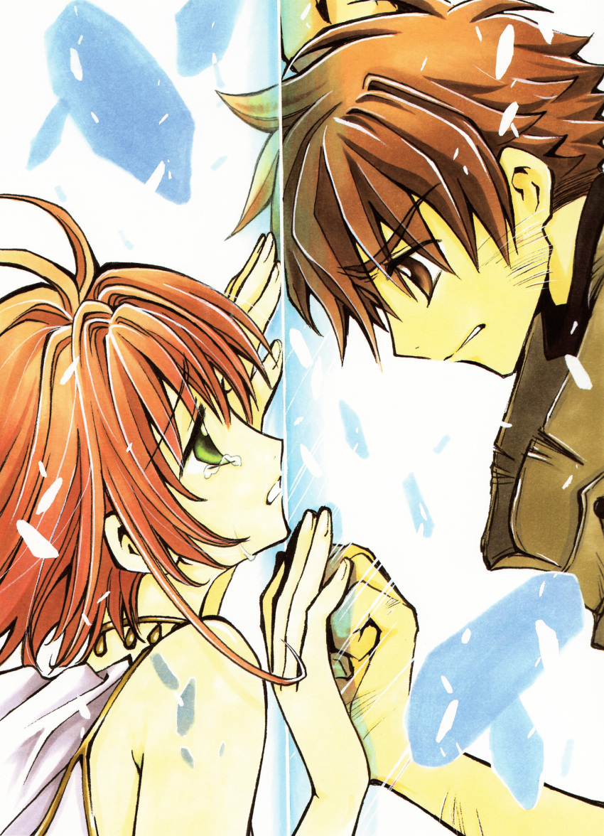 1boy, 1girl, absurdres, bare_shoulders, brown_eyes, brown_hair, clamp, clenched_hand, clenched_teeth, close-up, couple, eye_contact, face, fingernails, glass, green_eyes, hands, highres, kinomoto_sakura, marker_(medium), official_art, profile, sad, sakura_hime, scan, short_hair, syaoran, tears, traditional_media, tsubasa, tsubasa_chronicle, xiaolang
