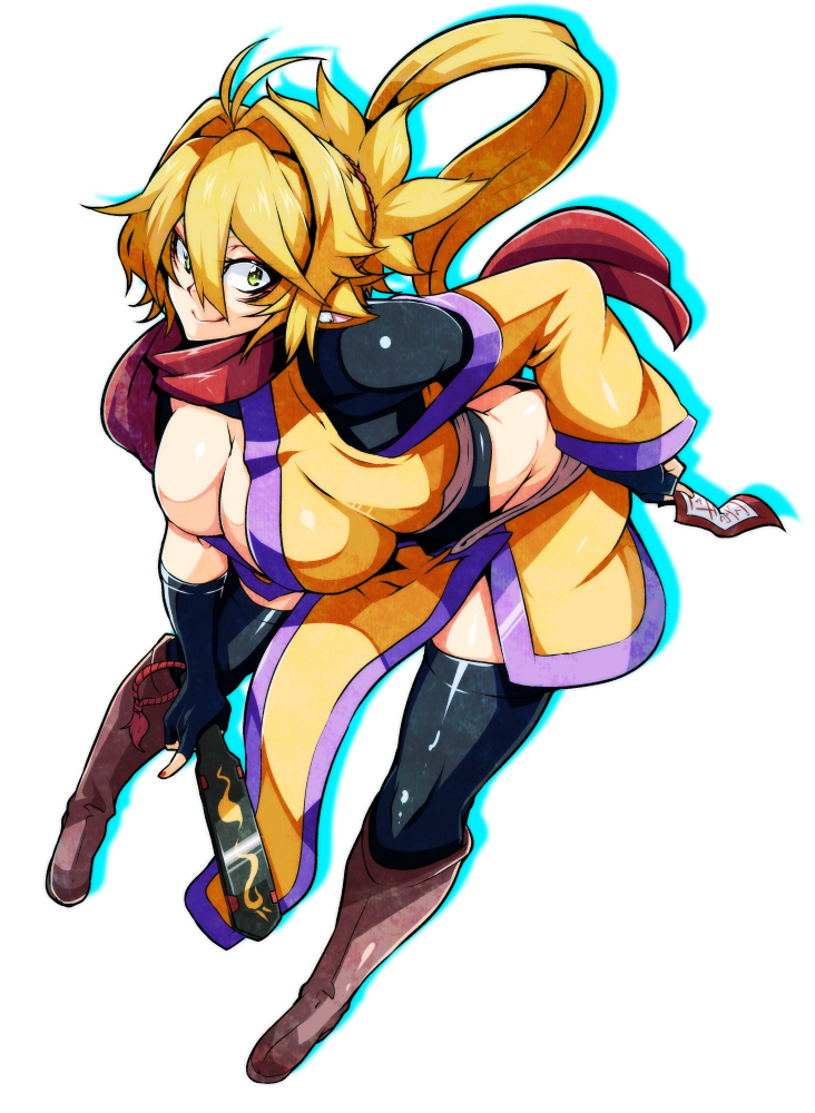 1girl, ahoge, asymmetrical_sleeves, black_gloves, black_legwear, blonde_hair, boots, breasts, cleavage, covered_navel, detached_sleeves, fingerless_gloves, full_body, gloves, green_eyes, hair_intakes, hand_on_hip, highleg, highleg_leotard, hip_vent, kamen_no_hito, large_breasts, leaning_forward, leotard, looking_at_viewer, low_ponytail, nail_polish, ofuda, one_eye_covered, original, orinrin_(kamen_no_hito), pelvic_curtain, purple_boots, red_scarf, scarf, skin_tight, smile, solo, thigh-highs