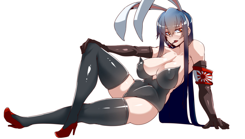 1girl, animal_ears, arm_support, armband, bare_shoulders, black_gloves, black_hair, black_legwear