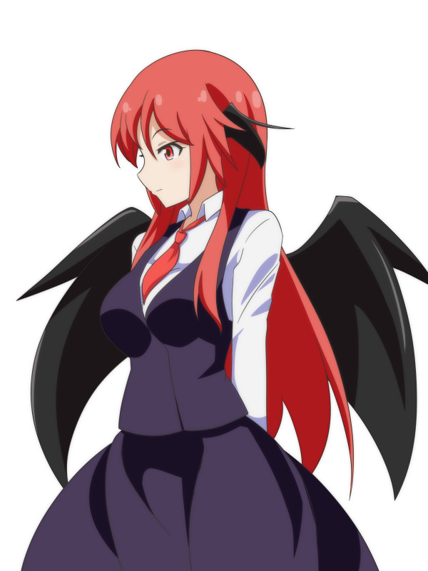 1girl, arms_behind_back, asymmetrical_breasts, bat_wings, blush, breasts, cato_(monocatienus), collared_shirt
