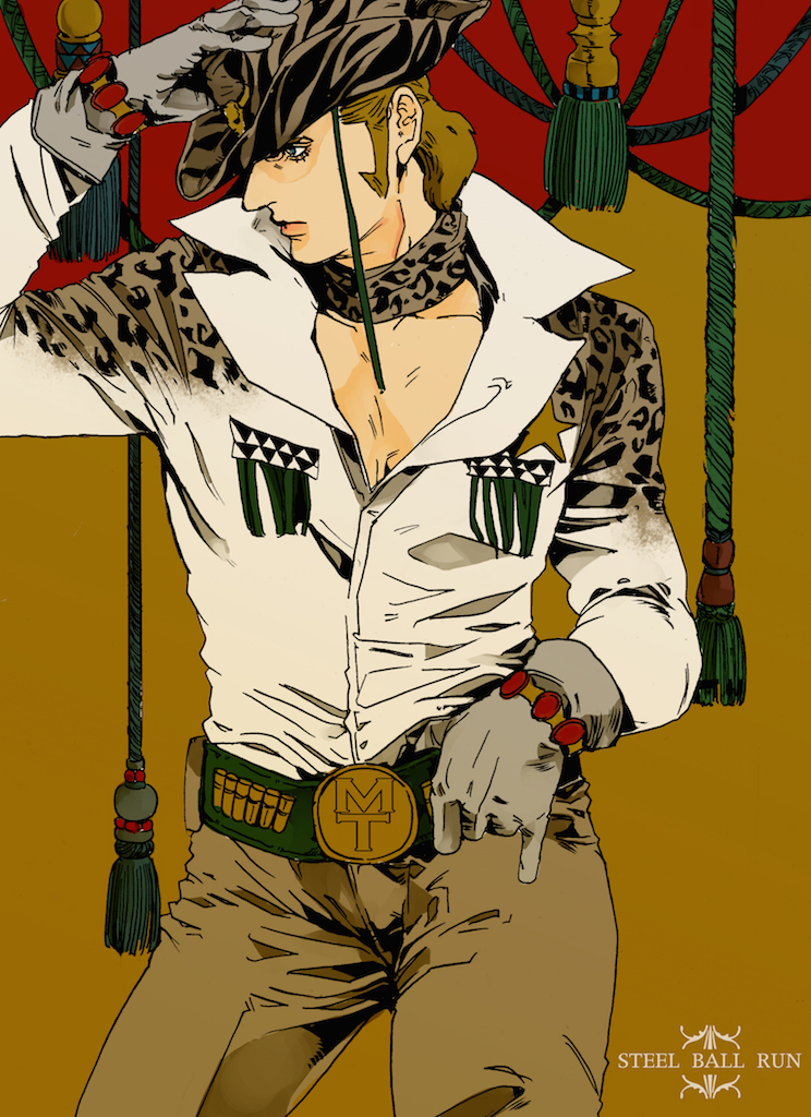1boy, belt_buckle, buckle, copyright_name, cowboy_hat, cowboy_shot, gloves, grey_gloves, hand_on_own_head, hat, jojo_no_kimyou_na_bouken, leopard_print, light_brown_hair, looking_to_the_side, male_focus, mountain_tim, shaapu, solo, star, steel_ball_run, tiger_print