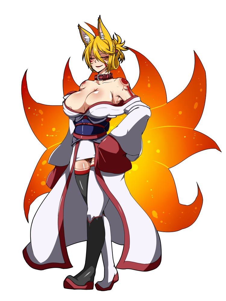 1girl, animal_ears, armpits, bare_shoulders, blonde_hair, breasts, cleavage, closed_eyes