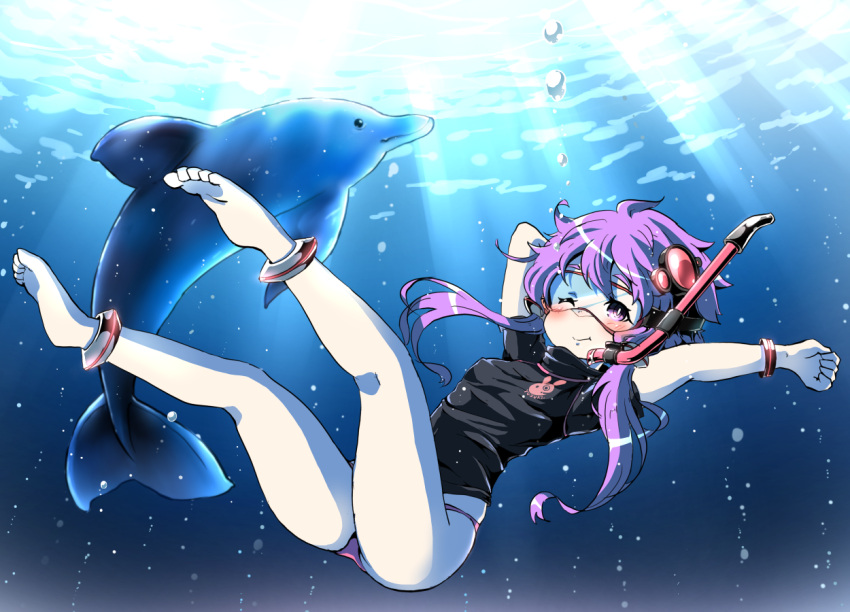 1girl, air_bubble, anklet, barefoot, blush, bracelet, breath, diving