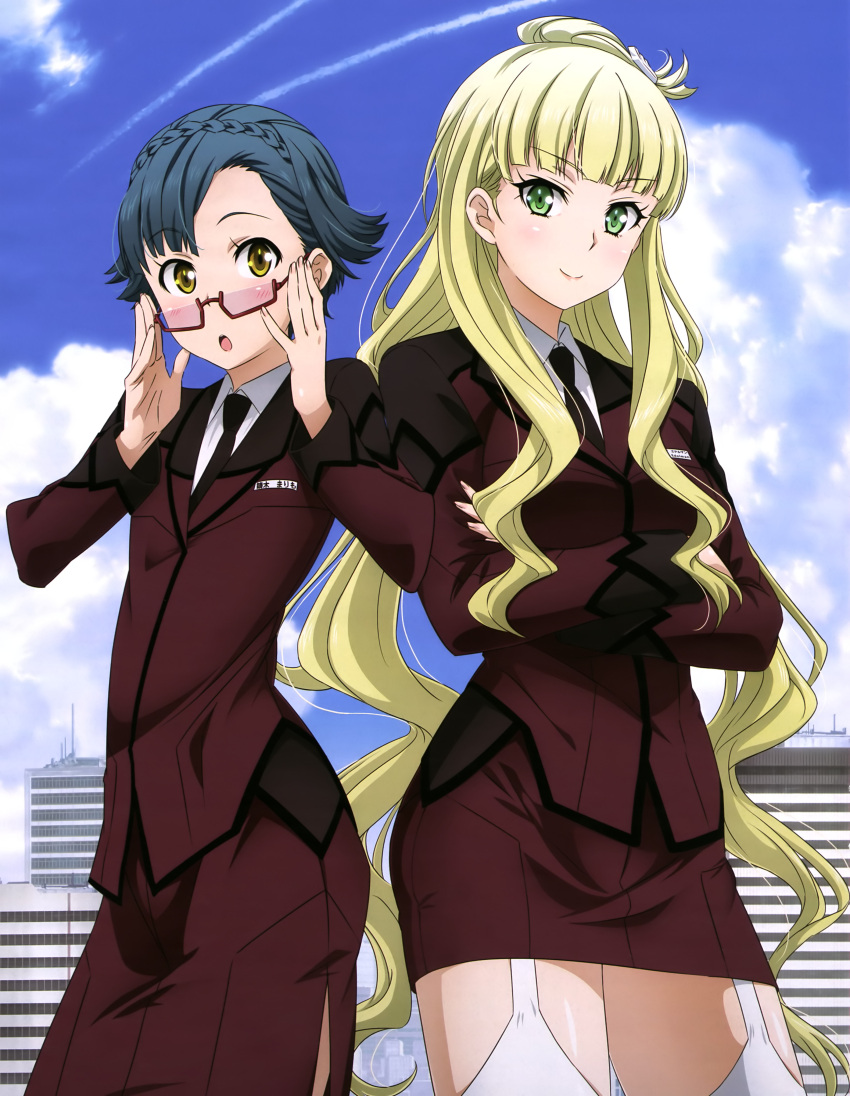 2girls, :o, absurdres, active_raid, artist_request, blonde_hair, blue_hair, blush