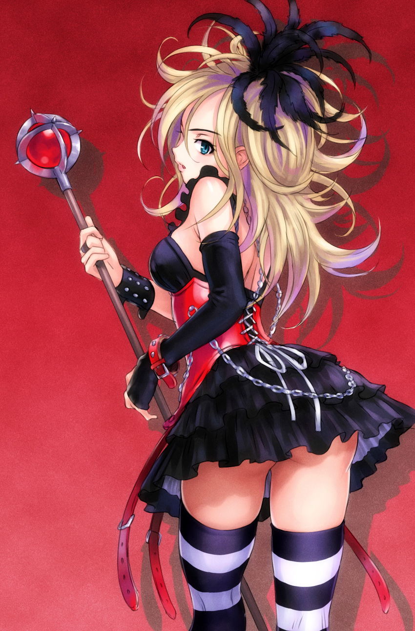 ass, bare_shoulders, belt, belts, blonde_hair, blue_eyes, chain, chains, corset, cuffs, dragon_quest, dragon_quest_swords, dress, elbow_gloves, fingerless_gloves, gloves, goto_p, highres, looking_back, scan, setia, skirt, staff, striped, striped_legwear, striped_thighhighs, thigh-highs, thighhighs, thighs, zettai_ryouiki