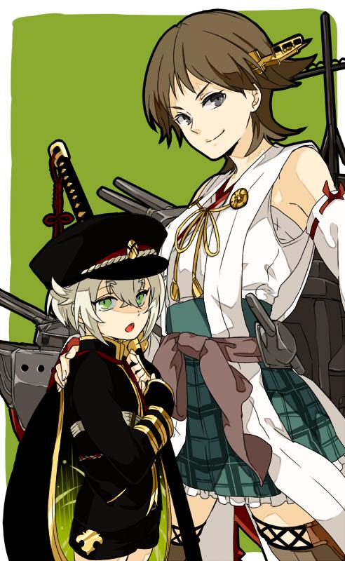 1boy, 1girl, brown_eyes, brown_hair, cape, crossover, detached_sleeves, flipped_hair