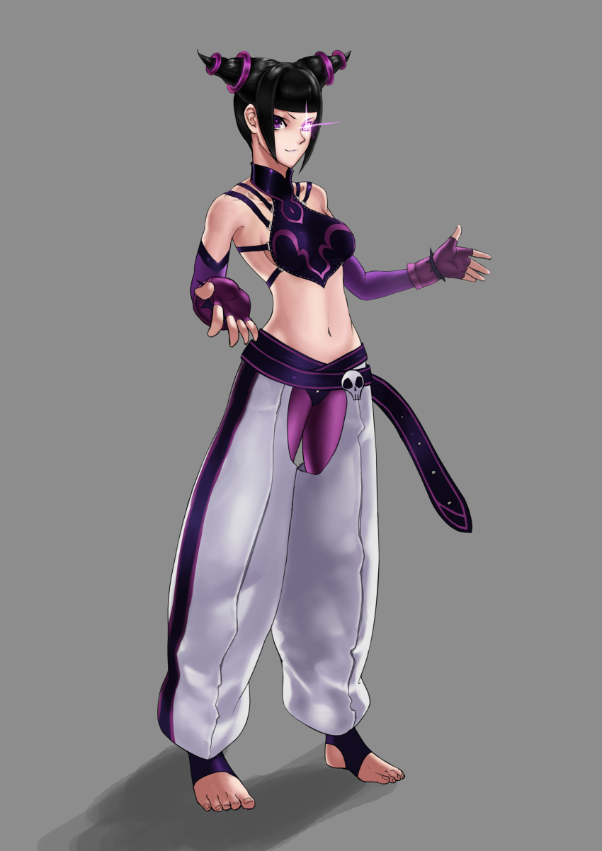 1girl, abs, absurdres, baggy_pants, barefoot, belt, black_hair, drill_hair, fingerless_gloves, full_body, gloves, glowing, glowing_eye, han_juri, highres, midriff, navel, oroo, pants, solo, street_fighter, taekwondo, tied_hair, toeless_socks, toenail_polish, twin_drills