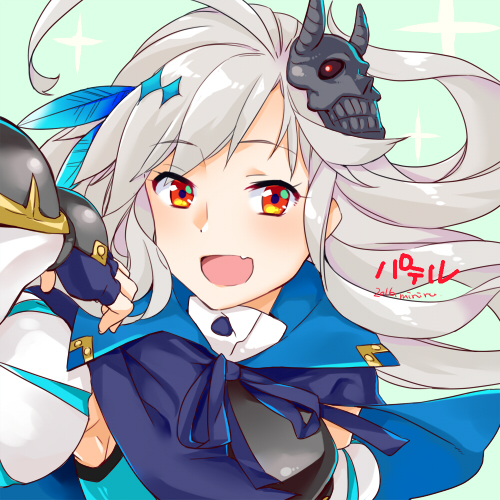1girl, :d, artist_name, cape, character_name, fang, feathers, hair_feathers