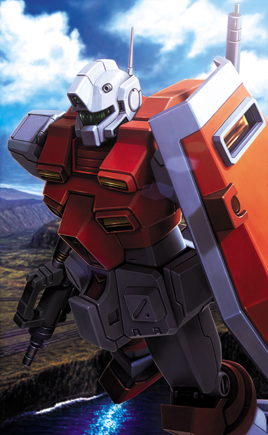cloud, clouds, gm_(mobile_suit), gm_powered, gun, gundam, gundam_0083, machine_gun, mecha, powered_gm, river, shield, sky, solo, twinbell, weapon