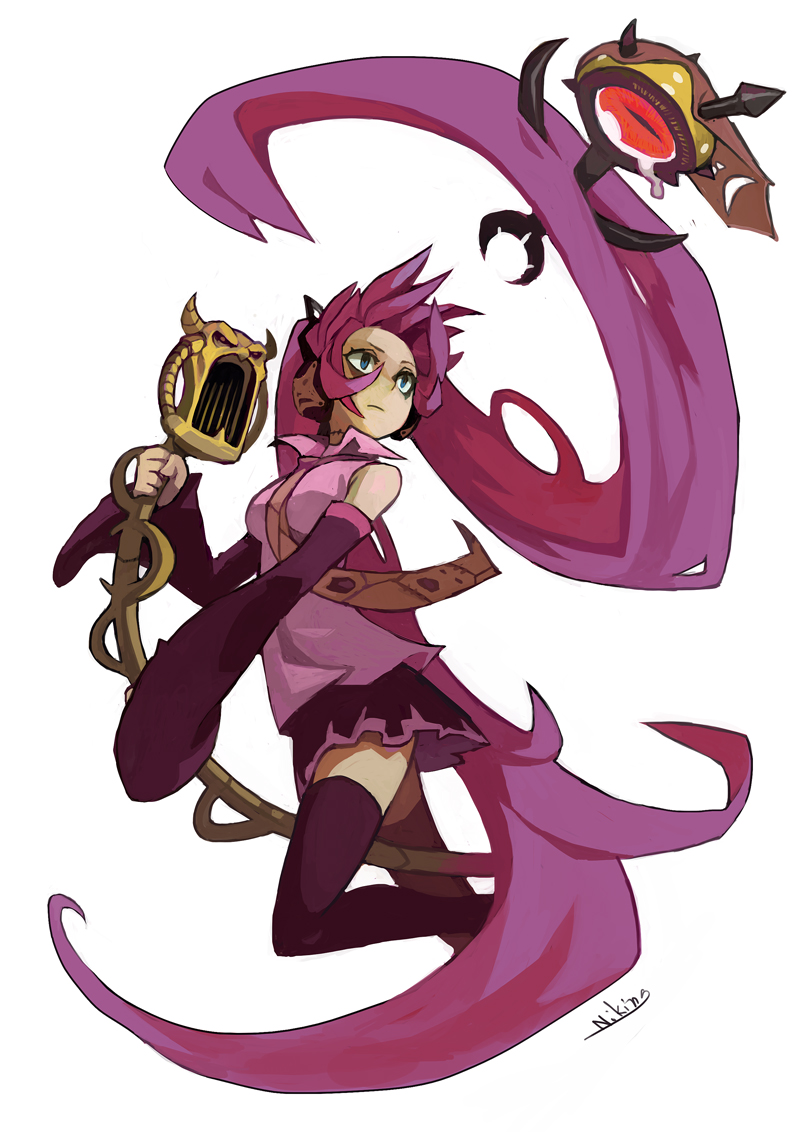 1girl, alternate_color, bags_under_eyes, blue_eyes, crossover, detached_sleeves, doom_siren, hatsune_miku, headphones, long_hair, microphone, necktie, niking, noise_marines, pink, pink_hair, purple_legwear, solo, thigh-highs, twintails, very_long_hair, vocaloid, warhammer_40k, zettai_ryouiki