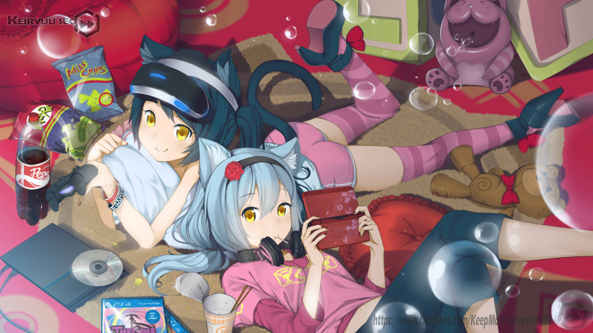2girls, animal_ears, artist_name, ass, bow, bubbles, cd, child