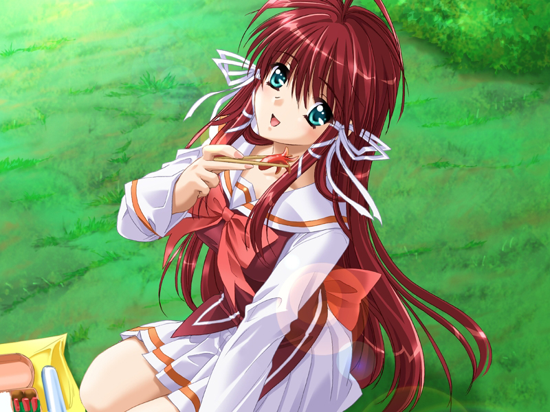 chopsticks, food, game_cg, grass, green_eyes, kinmedai_pink, long_hair, megami_taisen