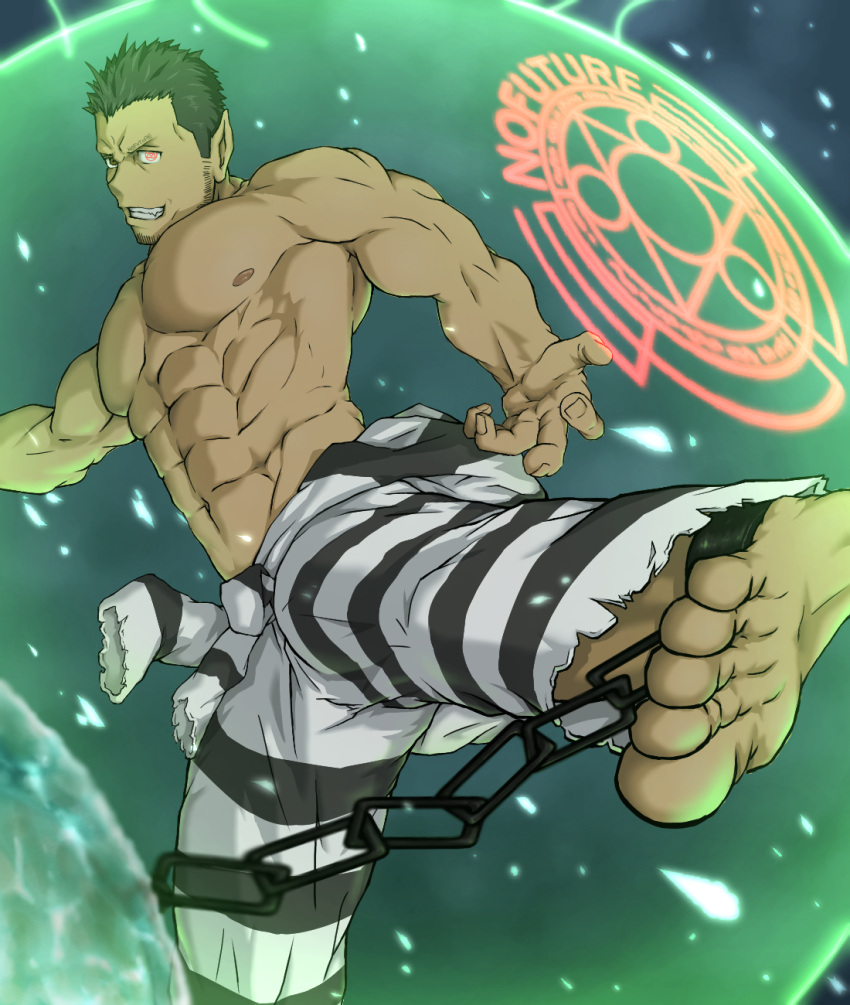 1boy, abs, barefoot, brown_hair, chains, feet, free, male_focus, muscle, nipples, pecs, smile, solo, soul_eater, tagme, teeth, toes, topless