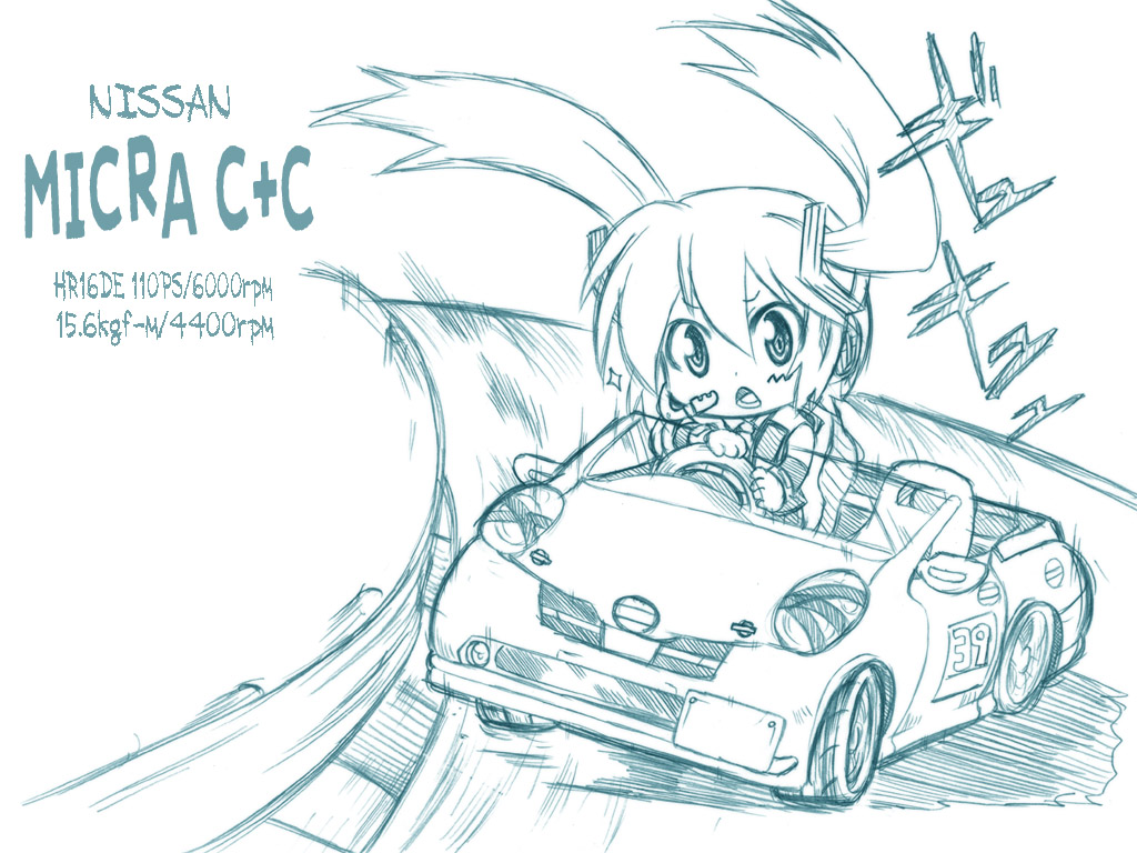 car, chibi, driving, hatsune_miku, marusuke, monochrome, motor_vehicle, sketch