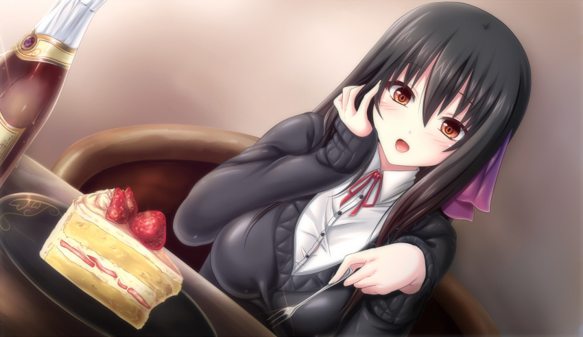 1girl, berries, black_hair, blush, cake, drink, female, food