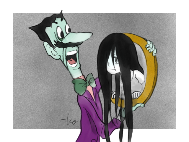 1boy, 1girl, :|, black_eyes, black_hair, bow, bowtie, crossover, dan_backslide, facial_hair, ghost_girl, green_bow, green_bowtie, green_skin, grey_background, holding, jacket, looking_at_another, meme, mirror, mustache, open_mouth, purple_jacket, signature, simple_background, takeuchi_kou, teeth, the_dover_boys_at_pimento_university, the_ring, white_skin, yamamura_sadako