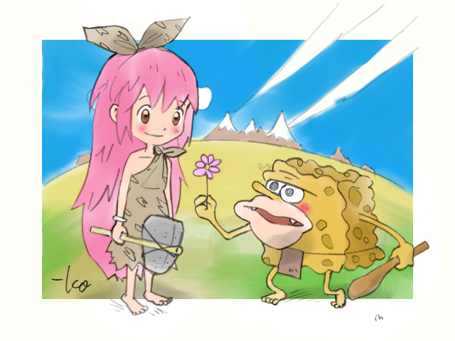 1boy, 1girl, axe, barefoot, blue_sky, blush, brown_eyes, caveman