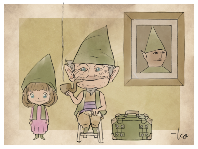 1boy, 1girl, blue_eyes, brown_hair, dress, facial_hair, gnome, gnome_child, grey_hair, hat, looking_at_viewer, meme, mustache, original, painting, pink_dress, pipe, pointy_ears, portrait, runescape, signature, smoking, smoking_pipe, suitcase, takeuchi_kou