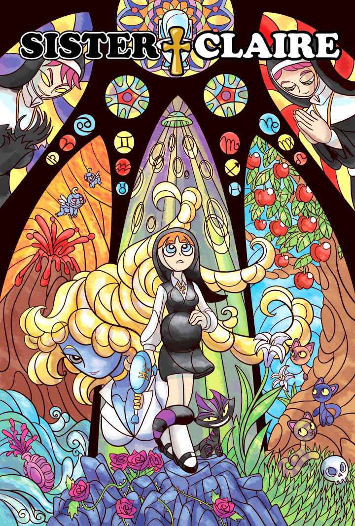 angel, apple, blonde_hair, blue_eyes, blue_skin, cat, choker, cross, dual_persona, flower, green_eyes, grey_eyes, necklace, nun, orange_hair, pink_hair, praying, pregnant, rose, sister_claire, skull, smile, stained_glass, toilet, tree, volcano, water, water_gun, yamino, yellow_eyes, zodiac