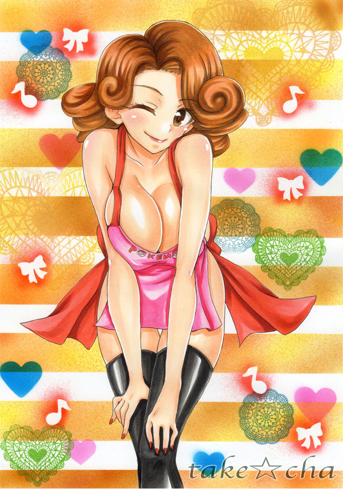 1girl, apron, artist_name, black_legwear, blush, breasts, brown_eyes, brown_hair, cleavage, large_breasts, marker_(medium), mizuho_(pokemon), musical_note, naked_apron, pokemon, smile, solo, takecha, thigh-highs, traditional_media, wavy_hair, winking