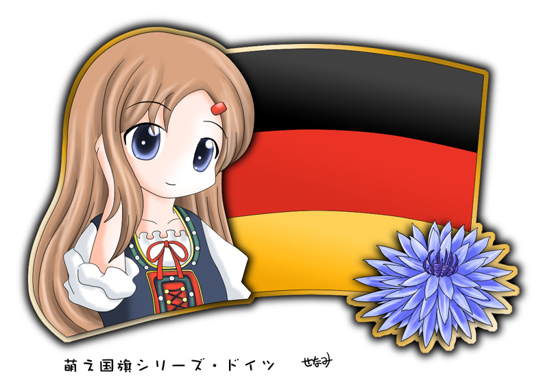 1girl, blonde_hair, blue_eyes, cornflower, flag, flower, german_flag, germany