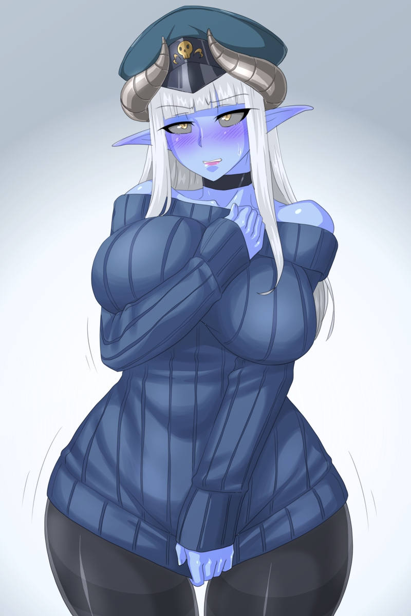 1girl, black_sclera, blue_skin, blush, breasts, choker, curvy, demon_girl