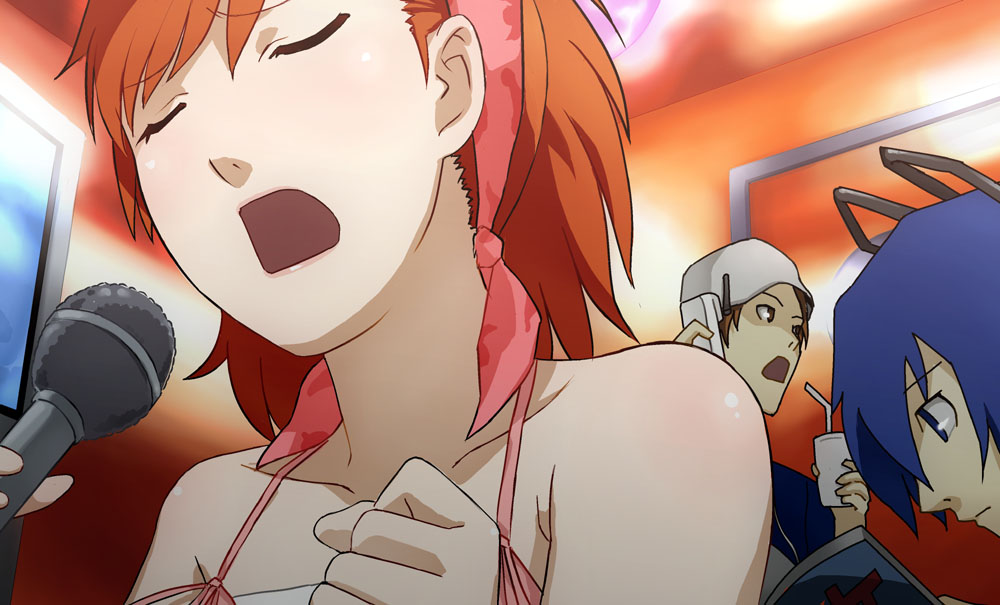 closed_eyes, devil_survivor_(series), devil_survivor_1, head_scarf, karaoke, kihara_atsurou, microphone, open_mouth, orange_hair, parody, persona, persona_3, protagonist_(devil_survivor), sato_iori, singing, tanigawa_yuzu