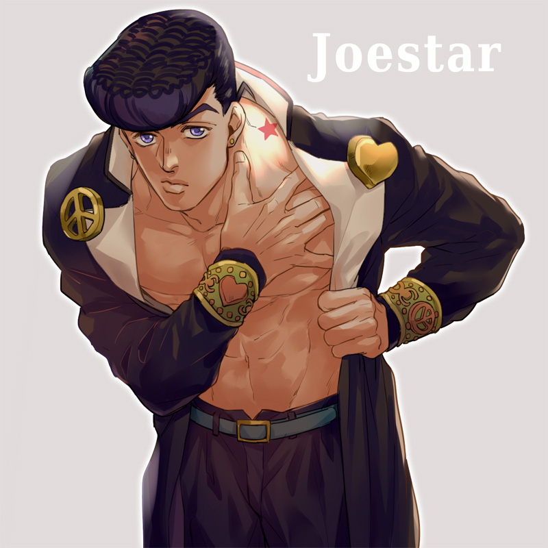 1boy, abs, bare_chest, birthmark, coat, earrings, gakuran, groin, hand_on_own_chest, heart, higashikata_jousuke, jewelry, joestar_birthmark, jojo_no_kimyou_na_bouken, kijinkutsu, male_focus, muscle, navel, open_clothes, open_coat, peace_symbol, pompadour, purple_hair, school_uniform, solo, stud_earrings, violet_eyes