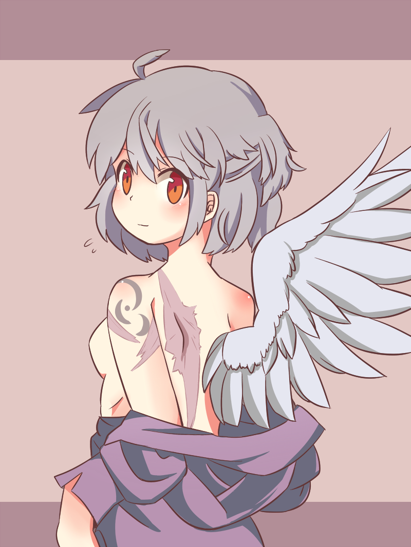 1girl, ahoge, amputee, back, bare_shoulders, blush, body_blush, buna_shimeji_(keymush)