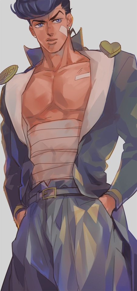 1boy, bandage_on_face, coat, collarbone, earrings, gakuran, hands_in_pockets, higashikata_jousuke