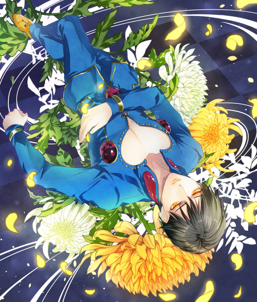 1boy, alternate_hair_color, alternate_hairstyle, black_hair, flower, giorno_giovanna, haruno_shiobana, highres, jojo_no_kimyou_na_bouken, kinji_(staminazuke), ladybug, male_focus, perspective, petals, solo, upside-down, wrist_cuffs, yellow_eyes, zipper