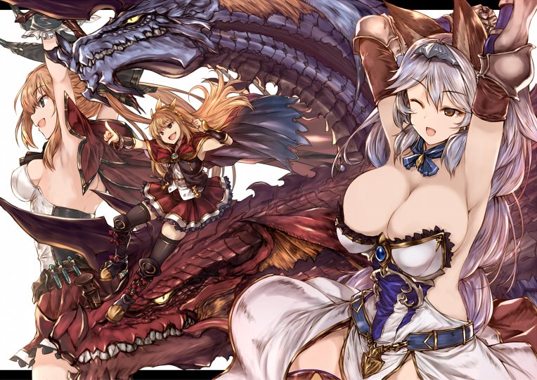 3girls, ;d, alternate_breast_size, animal_ears, armpits, arms_up, black_boots, black_legwear