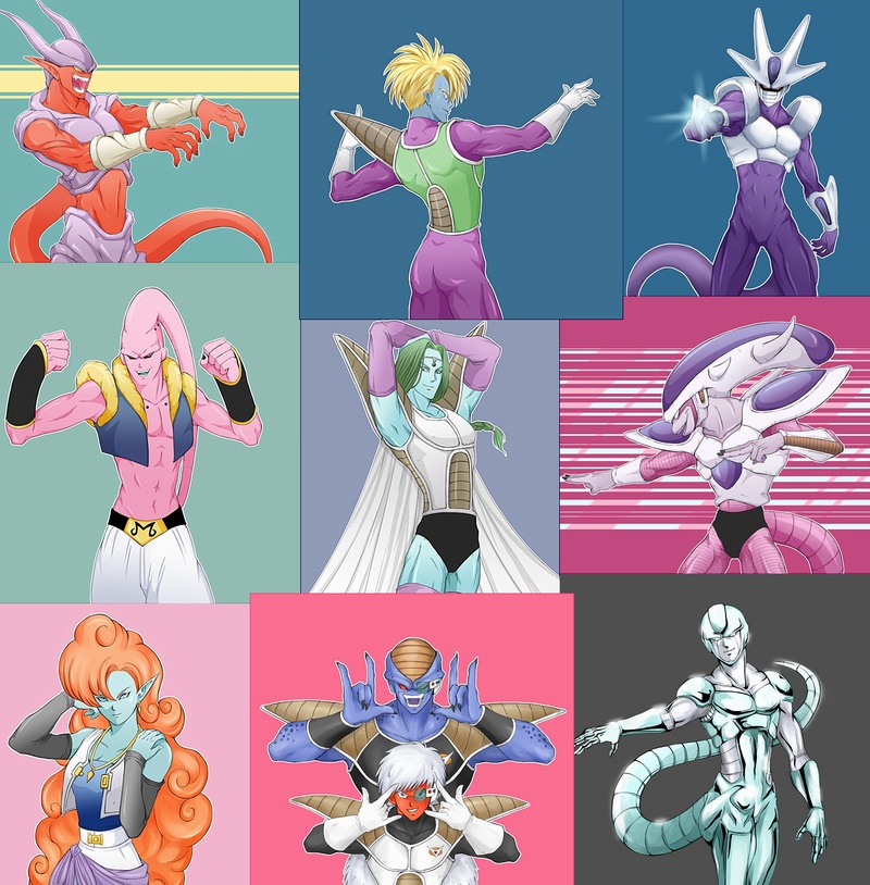 1girl, 6+boys, \m/, abs, androgynous, android, armor, arms_behind_head, arms_up, baggy_pants, belt, black_sclera, blonde_hair, blue_skin, blue_tongue, burter, cape, cooler_(dragon_ball), cuffs, demon, dragon_ball, dragon_ball_z, dual_persona, energy, fabulous, fangs, female, frieza, gem, gloves, green_hair, horns, jacket, janemba, jeice, jewel, jewelry, long_hair, long_tail, looking_at_viewer, majin_buu, male, male_focus, mask, monster, monster_boy, multiple_boys, muscular, muscular_male, orange_hair, pointy_ears, posing, red_skin, salza, shiemasu, short_hair, shoulder_armor, simple_background, tail, teeth, zangya, zarbon