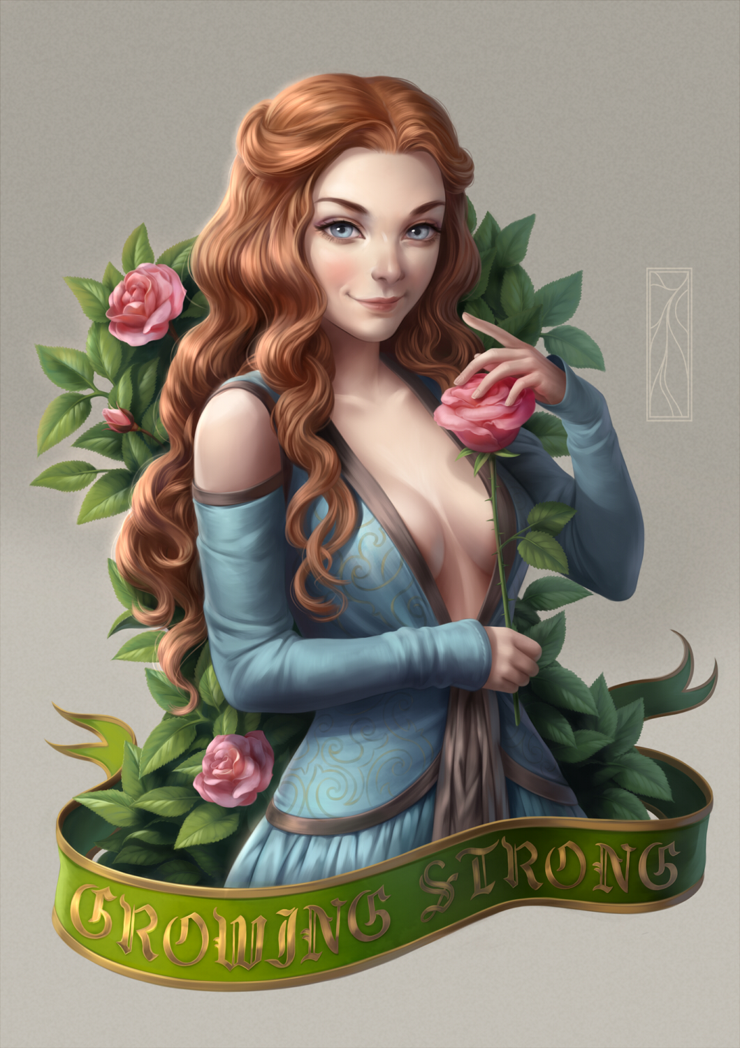 1girl, blue_eyes, breasts, breasts_apart, english, flower, game_of_thrones, highres