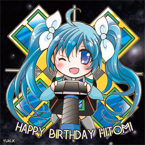 1girl, ahoge, blue_eyes, blue_hair, blush, camera, chibi, female, hair_ornament, happy_birthday, hitomi_(spacecraft), kiriga_yuki, long_hair, looking_at_viewer, personification, ribbon, satellite, shiny, shiny_hair, shiny_skin, smile, solar_panel, solo, space, space_craft, wink