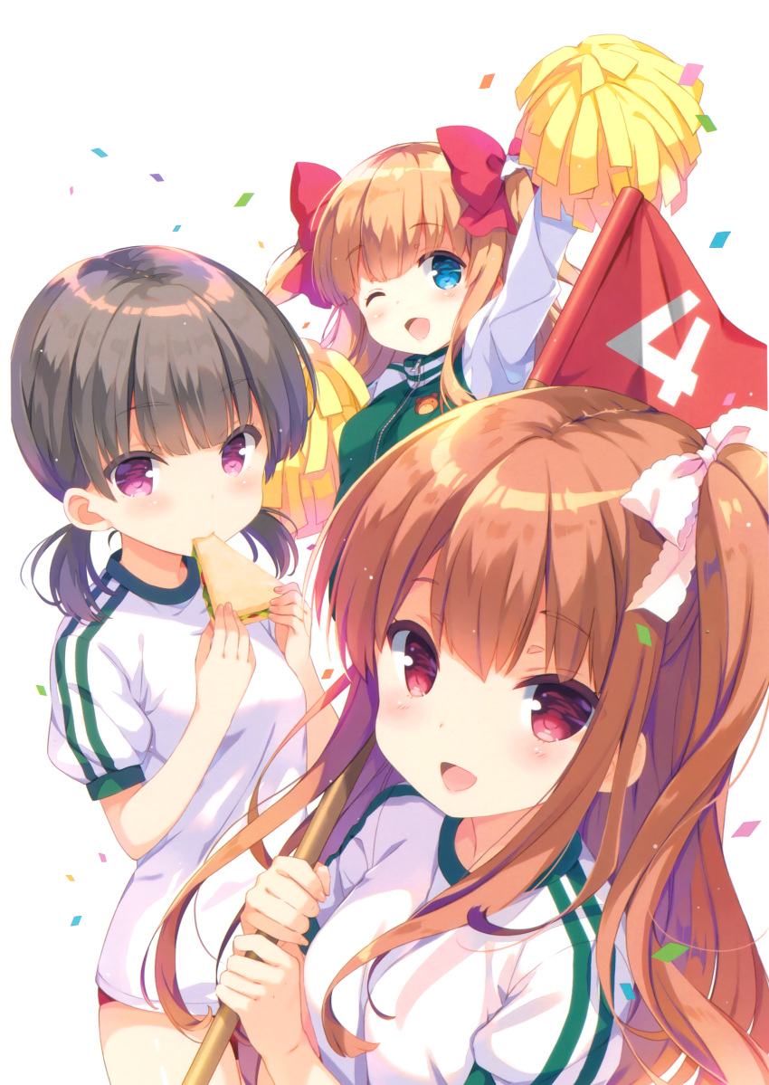 3girls, ;d, absurdres, arm_up, asahina_momoko, blue_eyes, blush, bow