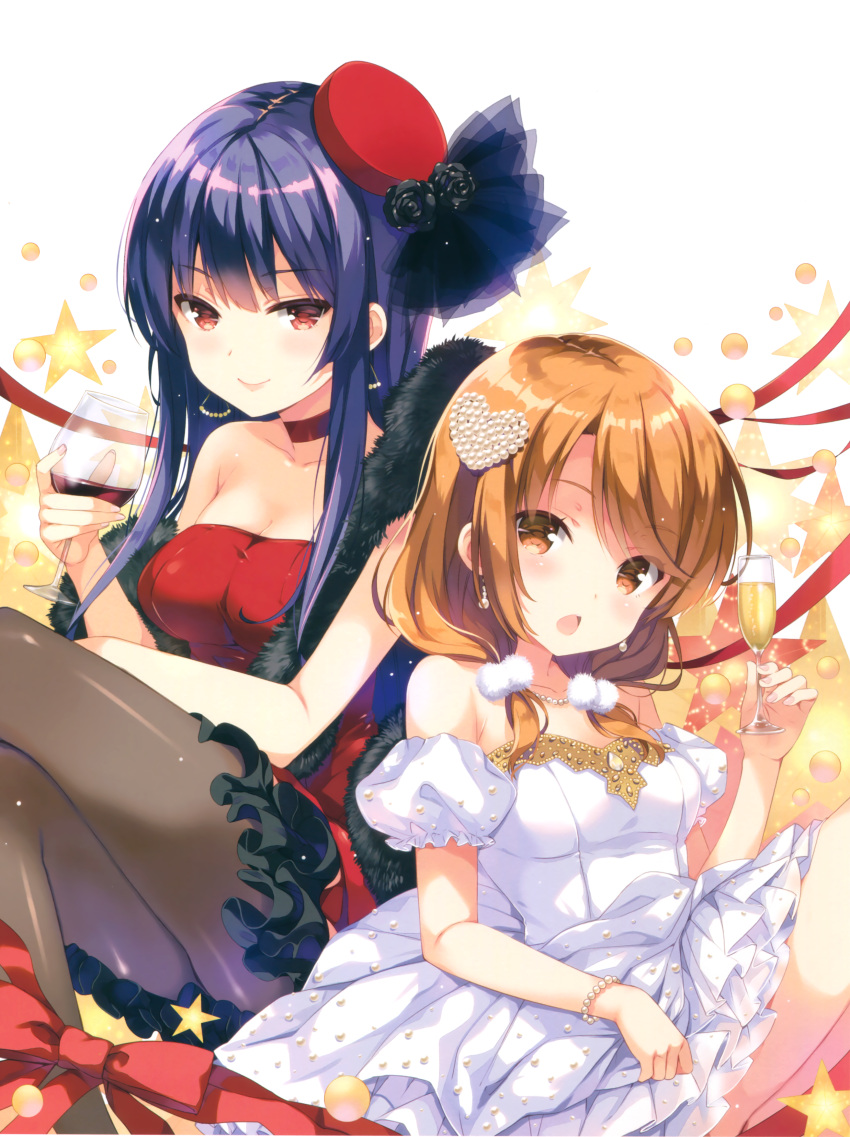 2girls, absurdres, black_hair, black_legwear, blush, bracelet, breasts, brown_eyes