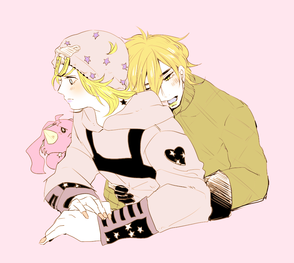 2boys, blonde_hair, diego_brando, flat_color, hood, hoodie, johnny_joestar, jojo_no_kimyou_na_bouken