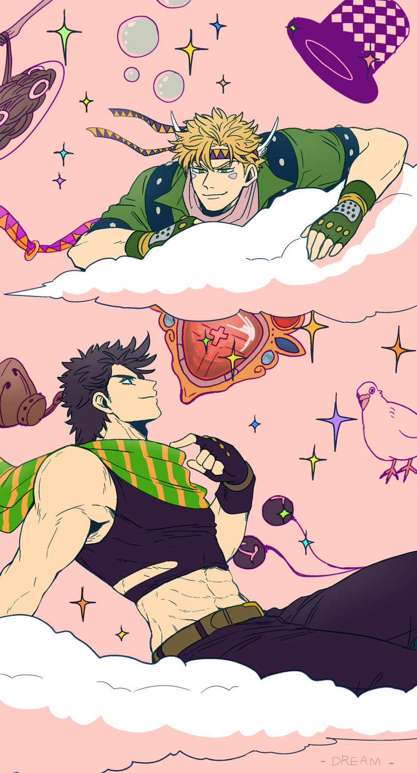 absurdres, bird, black_hair, blonde_hair, bola_(weapon), caesar_anthonio_zeppeli, clouds, headband, highres, jojo_no_kimyou_na_bouken, joseph_joestar_(young), midriff, pigeon, red_stone_of_aja, sachiko_(rinana239), scarf