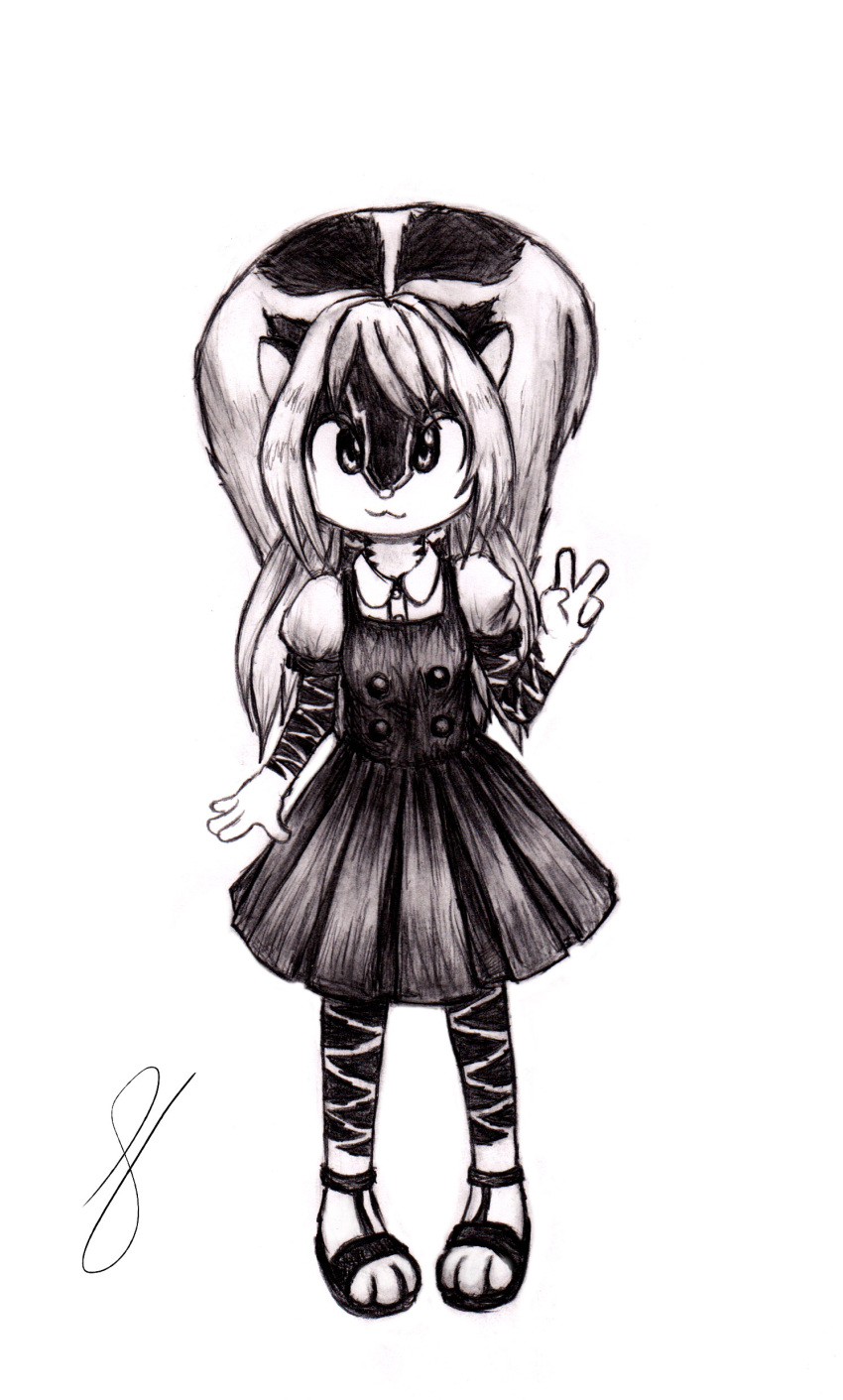 absurdres, animal_ears, bodypaint, buttons, dazzle_(shinkonryu), dress, furry, hand_gesture, highres, long_sleeves, looking_at_viewer, monochrome, pinafore_dress, pleated_dress, sandals, simple_background, squirrel_ears, squirrel_tail, tail, v, white_background, wing_collar, zig_zag