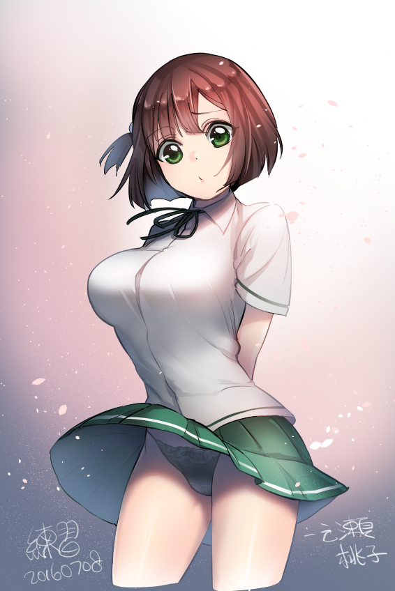 1girl, 2016, arms_behind_back, bangs, black_ribbon, blouse, bob_cut, breasts