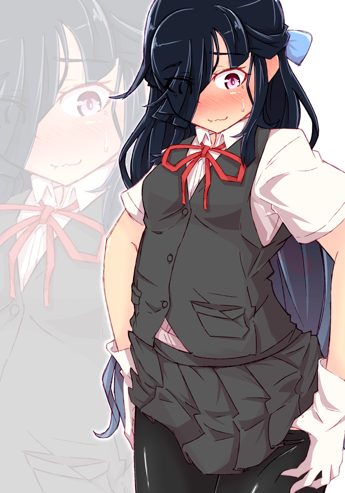 1girl, alternate_costume, bike_shorts, black_hair, blush, breasts, buttons, commentary