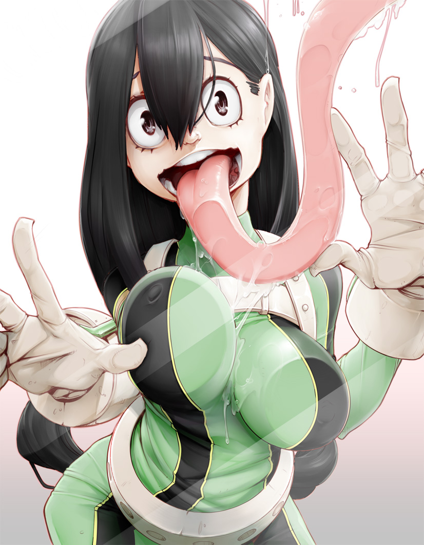 1girl, asui_tsuyu, black_eyes, black_hair, bodysuit, boku_no_hero_academia, breast_press, breasts
