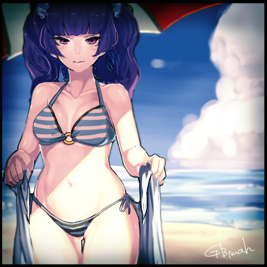 1girl, beach, bikini, black_border, blue_hair, border, breasts, cleavage